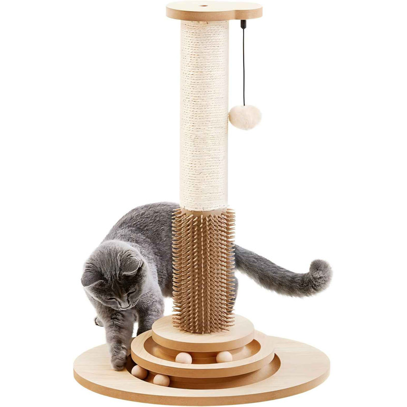 Poteau à griffer en sisal avec auto-toilettage, jouets de boule de commande interactifs 4 en 1, arbre d'escalade vertical avec boules suspendues