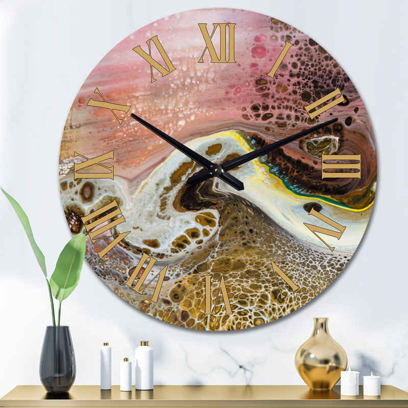Horloge murale moderne blanc avec vagues roses et jaunes, Surdimensionné