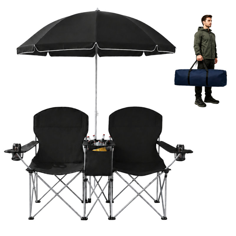 Chaise d'extérieur à double siège avec parasol, Noir