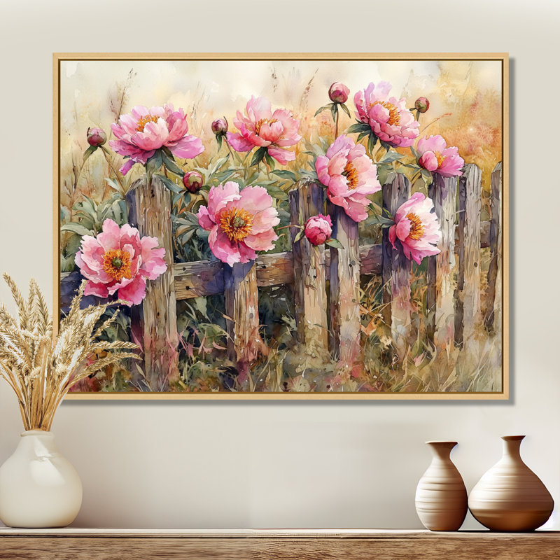 Ferme pivoines par la clôture rustique I - pivoines, art mural, H 30 po x l 40 po, Impression encadrée flottante