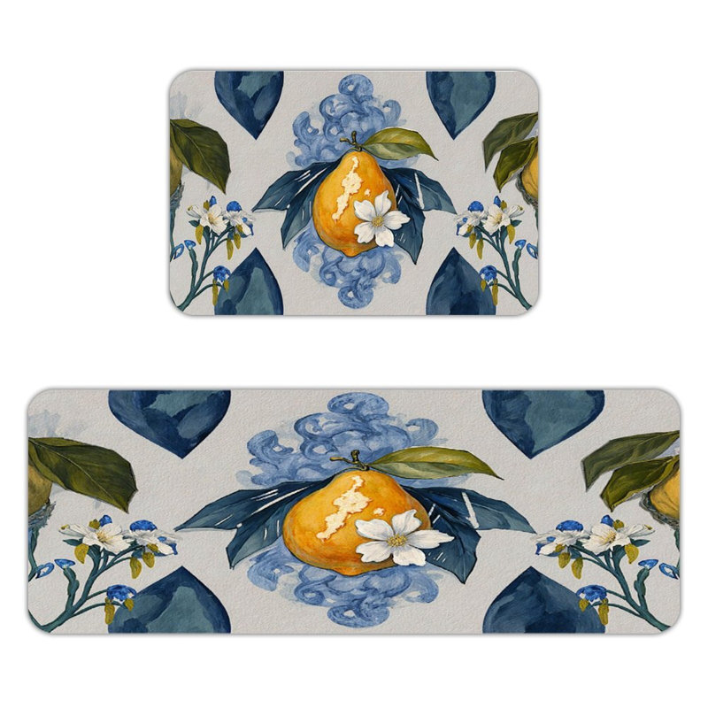Tapis de cuisine 2 pièces à motif géométrique, Floral bleu 1