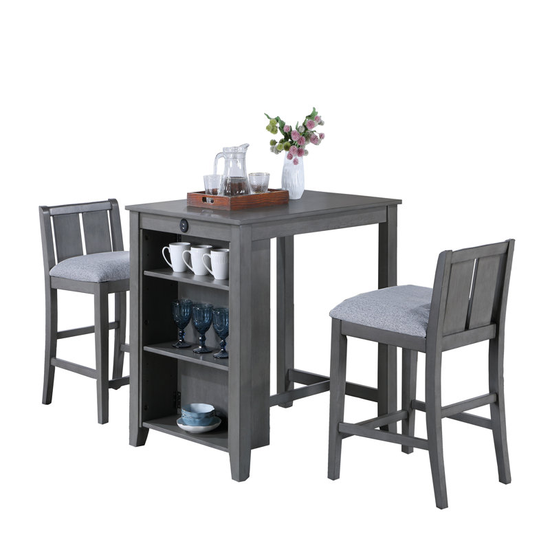 Table de salle à manger 3 pièces à petit comptoir avec tablettes et 2 chaises, Gris, Gris