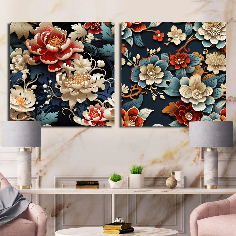 Veney - Ensemble de 2 collages carrés floraux, H 36 po x l 73 po, Toile tendue