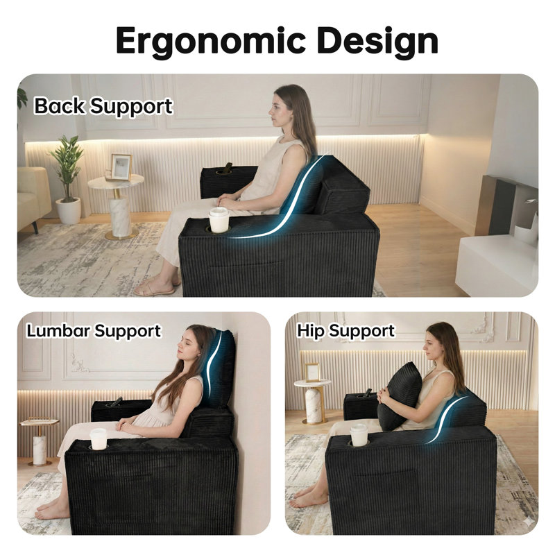 41.5" Boneless Cloud Sofa Chair, Corduroy Upholstered, 2 Cup Holders & Storage Pockets, No Assembly, for Living Room/Bedroom