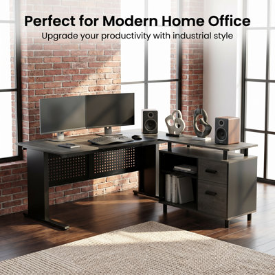 Industrial L-Shaped Desk with Metal Frame