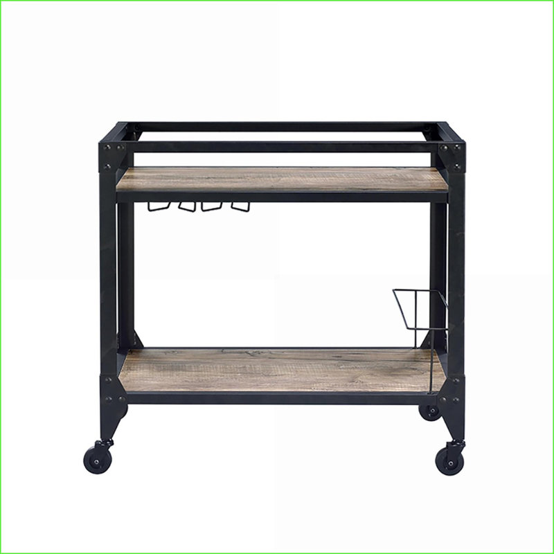 Chariot de service en chêne rustique & amp; Charbon de bois à 2 tablettes avec porte-verres à pied et amp; Rangement à vin | Industriel | Chariots de cuisine