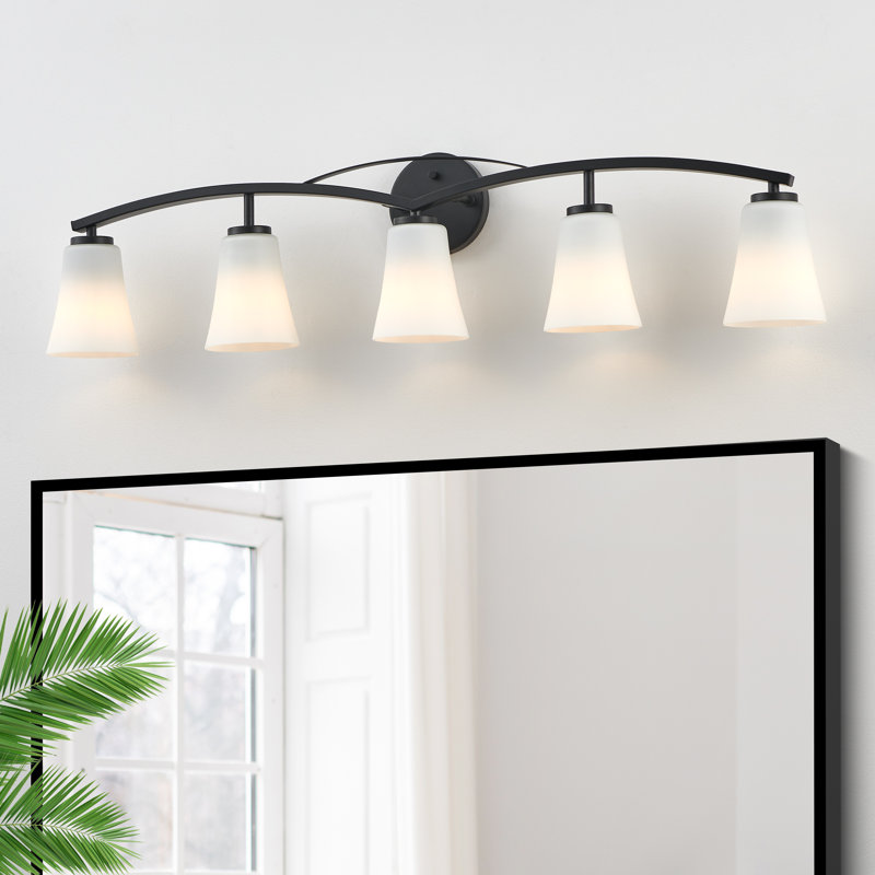 Éclairage pour meuble-lavabo noir mat avec abat-jour en verre transparent opale, 5 lumières