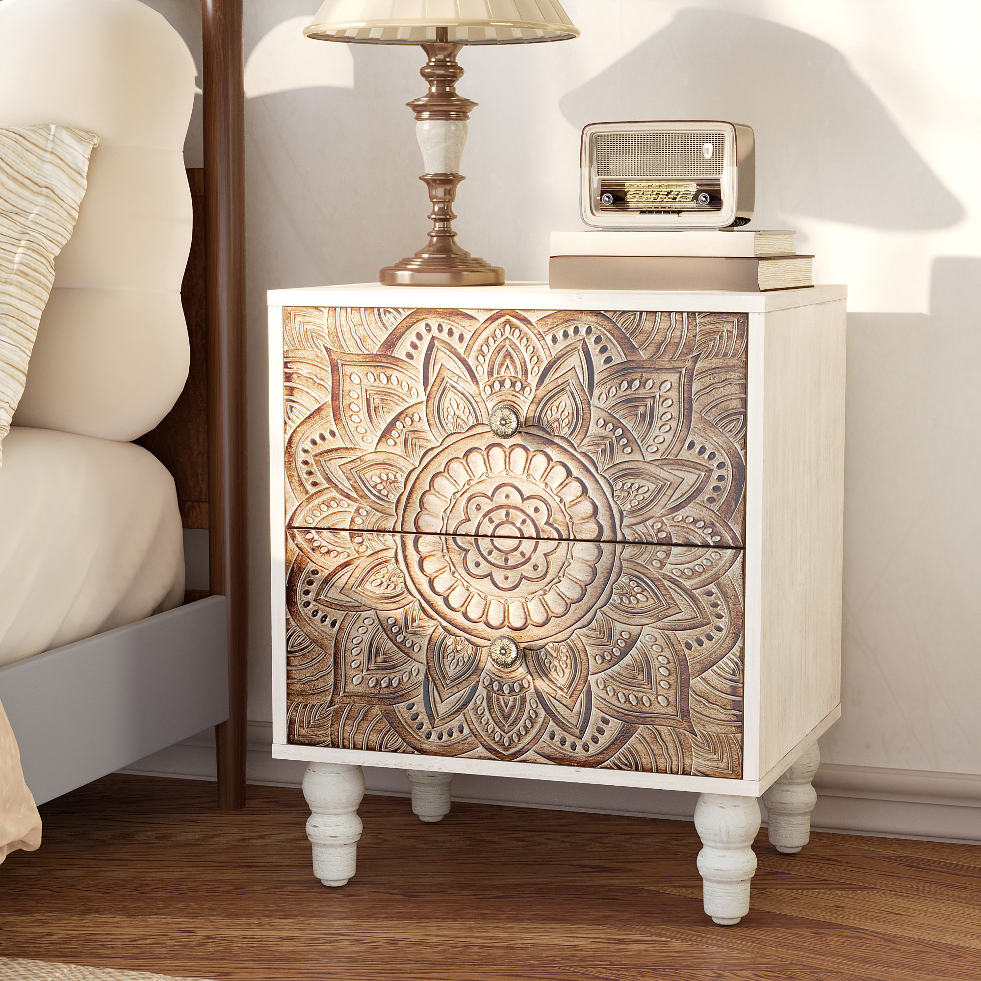 18“ Carved Wooden Nightstand with Two Drawers