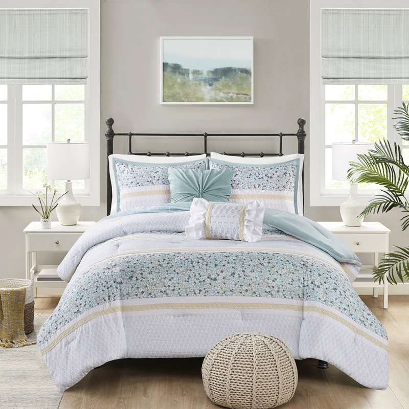 Literie en seersucker double / grand avec coussins décoratifs - en édredon jaune et bleu à motif floral imprimé botanique blanc