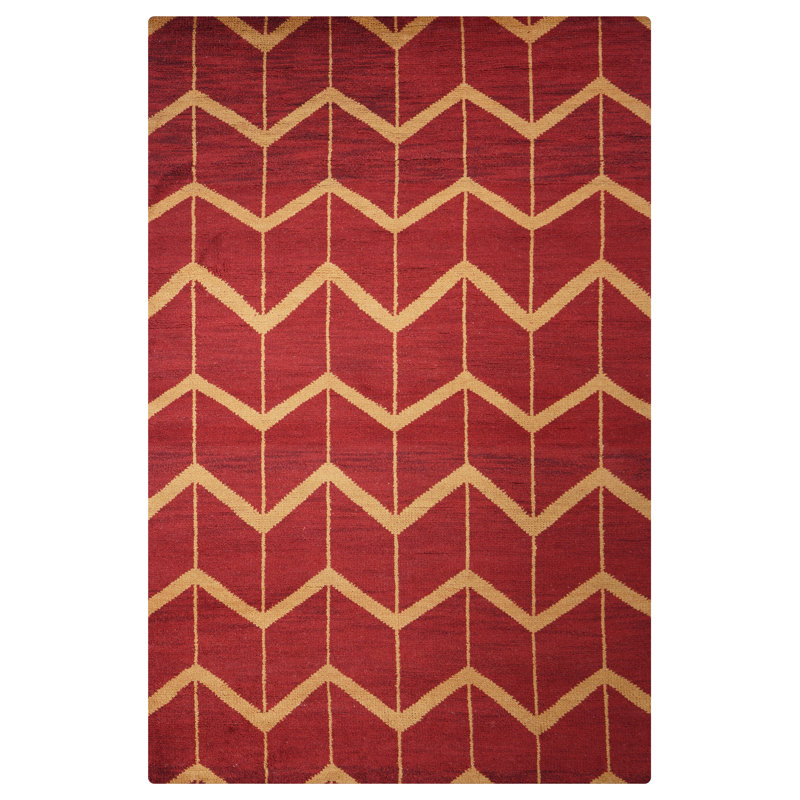 Red | Gold 100% Wool Handmade Geometric Hand Knotted Rectangle Indoor Area Rug, Rectangle 8' x 10'
