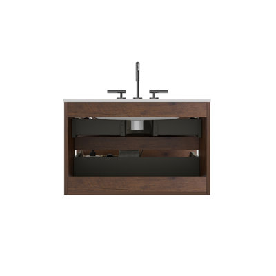 Meuble-lavabo mural en noyer de 30 po avec lavabo en céramique avec trois trous de robinet, grand meuble-lavabo flottant de rangement pour salle de bain moderne, lavabo une pièce sans drain, pré-assemblé