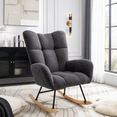 Teddy Fabric Wingback Rocker with Side Storage Pocket, Solid Wood Base, No-Assembly