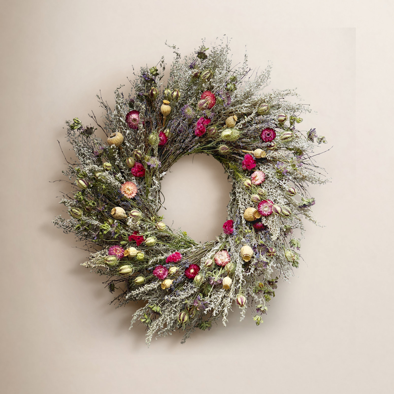 Natural Dried Poppy Pods and Strawflowers Wreath
