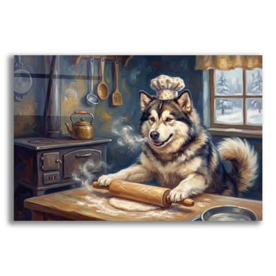  'Alaskan Malamute In The Kitchen' by Rich Monet Acrylic Glass Wall Art, 24" x 16"