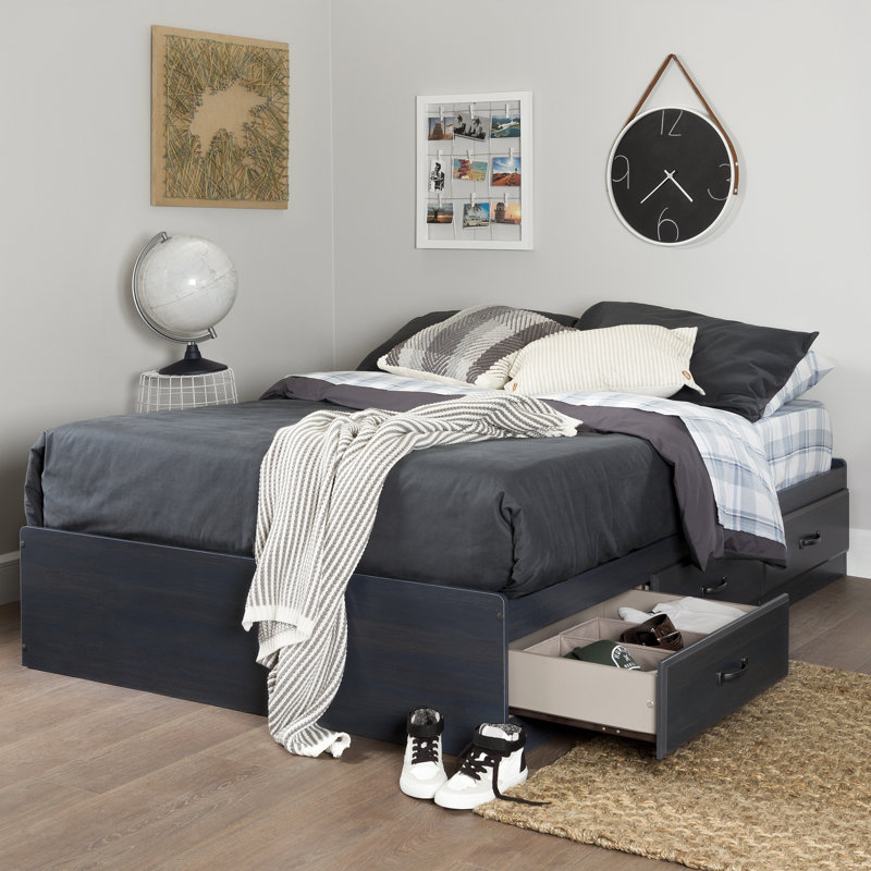 Jasi Wood Standard Bed with 3 Storage Drawers, Blueberry, Full