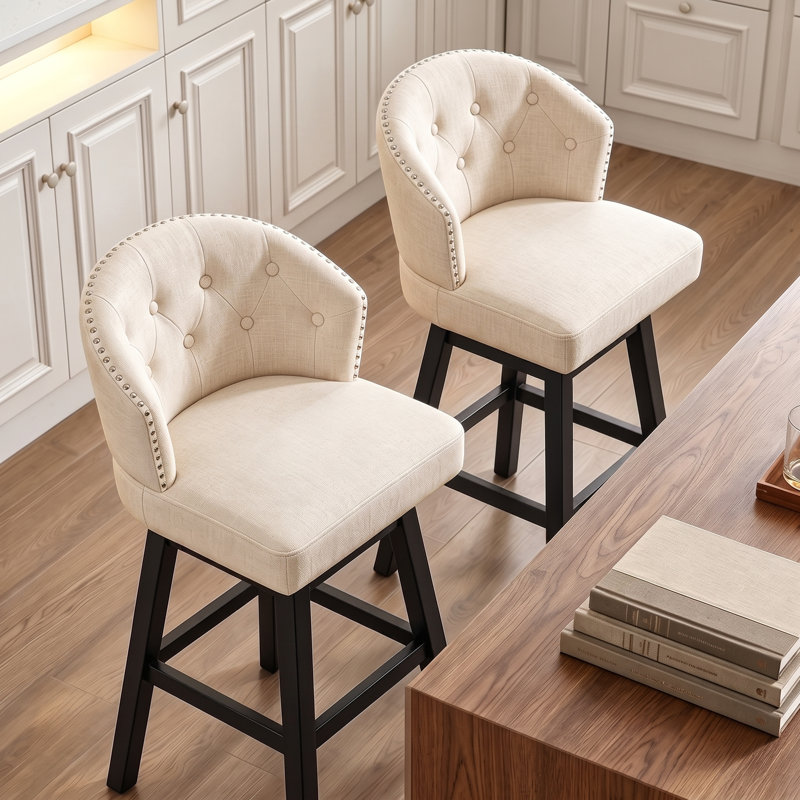 Tabourets de bar rembourrés avec structure en bois massif Aadhvika, Beige / lin