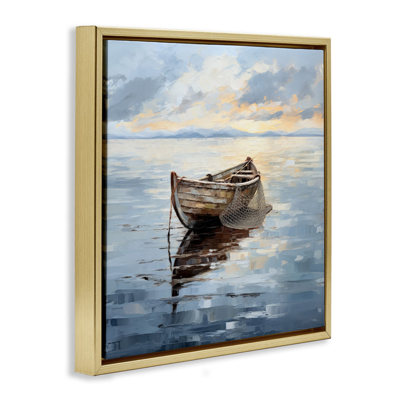 Peinture d'un bateau de pêche, Cadre flottant métallique doré, H 18 po x l 18 po