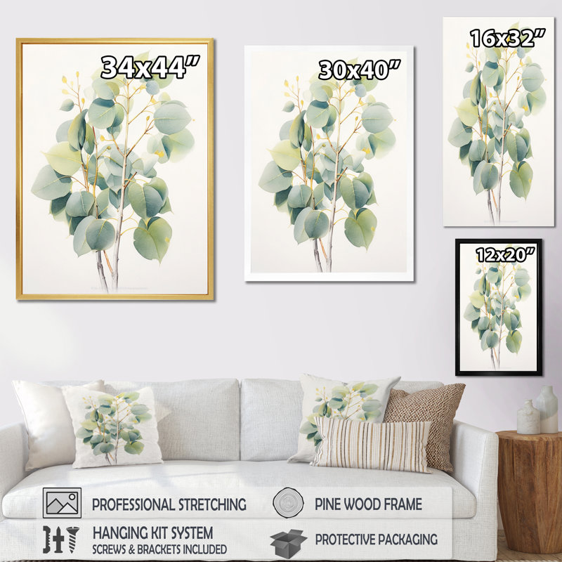 «Green Green Minimalisme Eucalyptus Essence V» sur toile, Cadre flottant doré, H 44 po x l 34 po x P 1,5 po