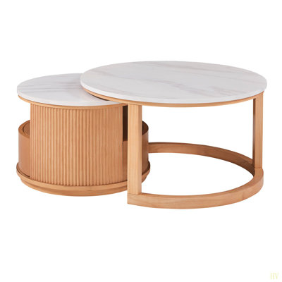 Round Nesting Coffee Table With  Marble Top, 2-Tier Storage And 1 Drawer, 28.5"