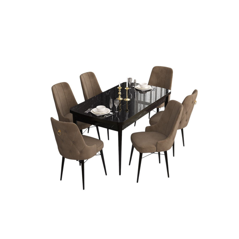 Ensemble de table et chaises de salle à manger extensible 7 pièces, marbre noir et brun | 100% panneau de fibres à densité moyenne avec pieds en bois, table: 52,0 x 31,0 x 30,7 pouces (ouvert: 66,9 pouces) | 6 chaises: 18,5 po x 37,0 po x 17,7 po | Design moderne, assise en mousse confortable