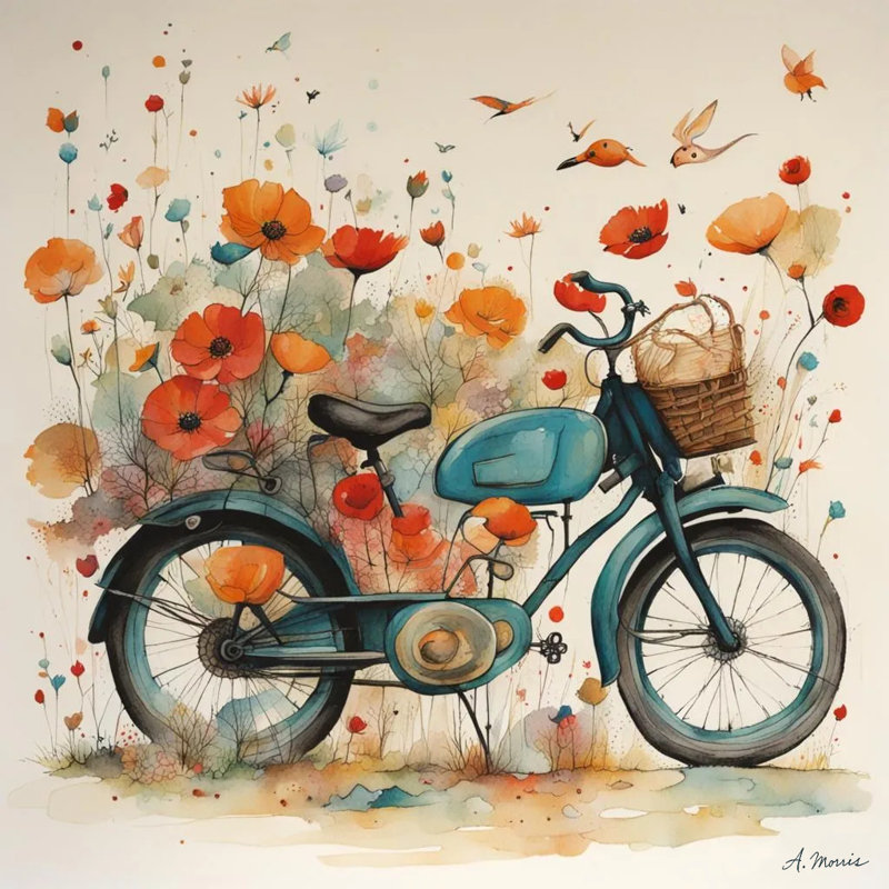 Vintage bicycle in a field of wildflowers, H 30 po x l 30 po