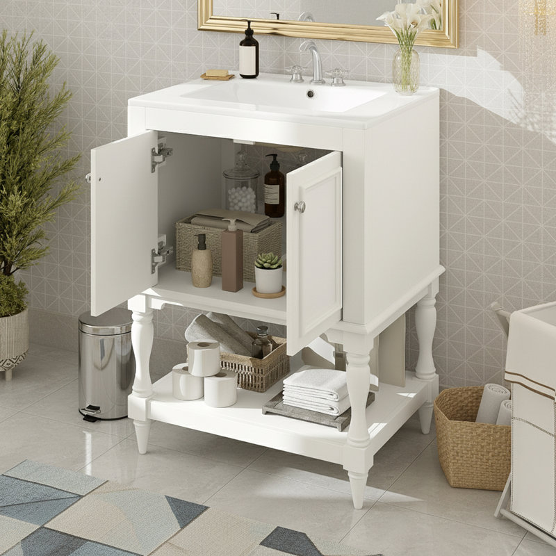 Bathroom Vanity With Ceramic Sink And Open&Closed Storage, White
