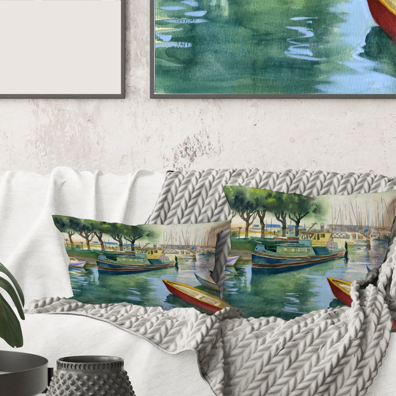 Bateaux en printemps vert - coussin traditionnel imprimé, 16" x 16"