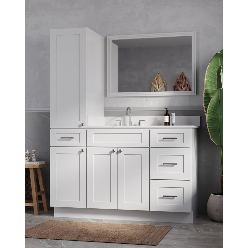 Disar 54' Single Bathroom Vanity With Left Linen Tall Cabinet Dovetail Solid Wood Drawer Carrara Quartz Top, White