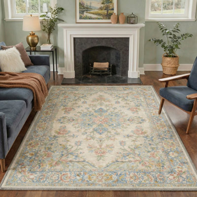 Vilve Floral Machine Washable Yellow/Beige/Light Green Indoor Area Rug With Non-Slip Backing