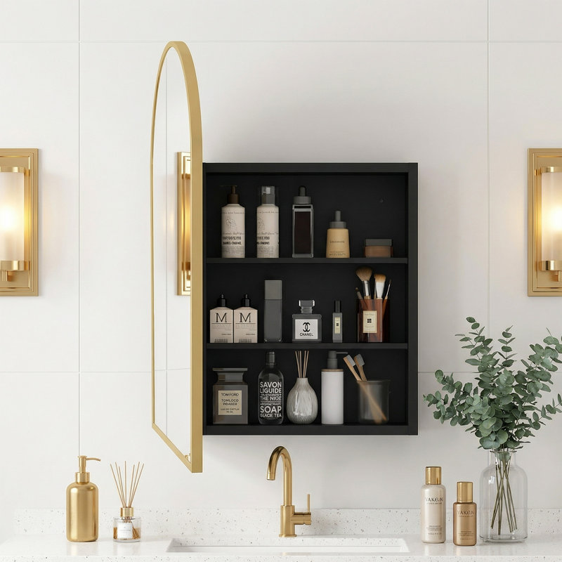 Armoire de rangement pour salle de bain arquée avec miroir H 36 po x l 24 po x P 5 po, Doré