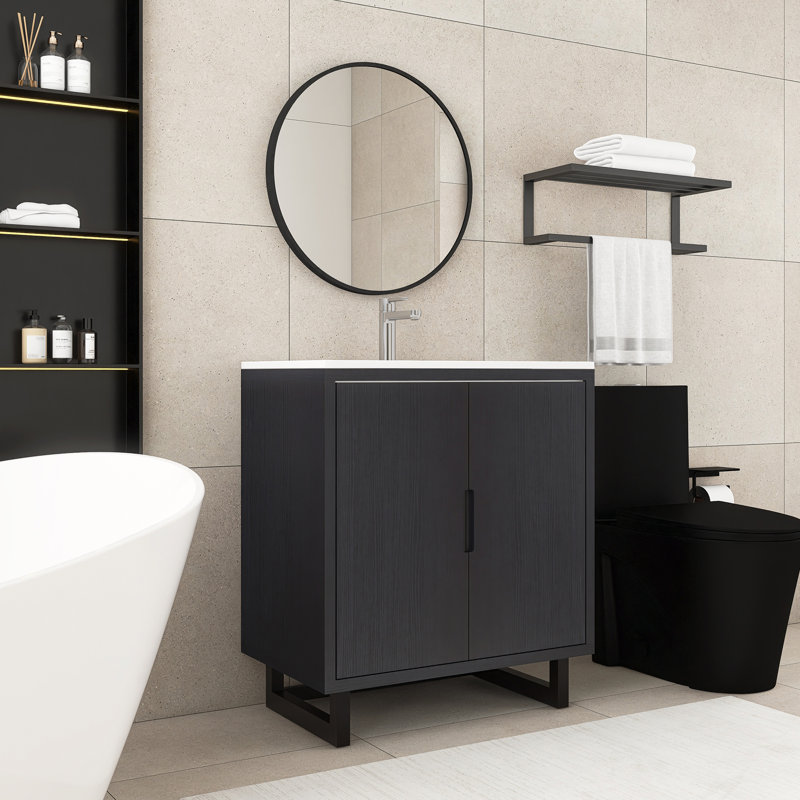 Jaskier 30 " W Freestanding Standard Free Standing 1 Single Vanity Bathroom Vanity With Resin Top, Black