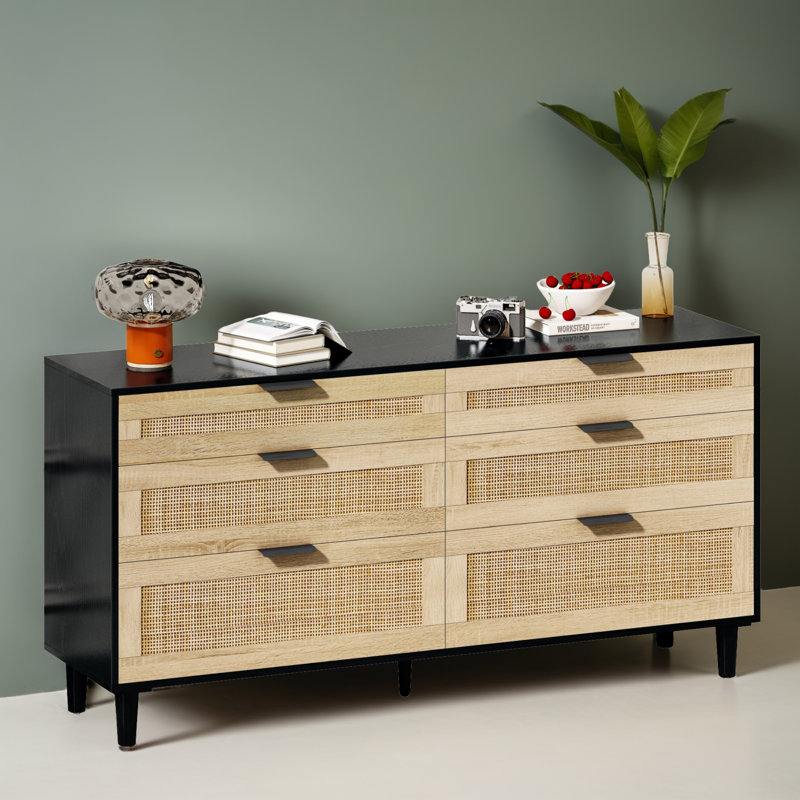 59" Rattan Dresser With Drawers, 6 Drawer Dresser For Bedroom, Clothes Storage Cabinet For Bedroom, Metal Handle&Wood Legs For Hallway, Living Room, Bedroom
