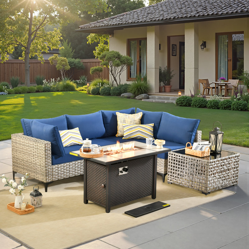 Emroy 4 - Person Wicker/Rattan Sectional Seating Group with Lighted Coffee Table, All Weather Modular Outdoor Conversation Set with Cushions