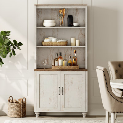 Scarlett Sideboard Cabinet, Kitchen Buffet Cabinets, Farmhouse Sideboard Credenza For Dining Room, Large Storage Cabinet With Wood Doors And 5 Tier Shelves, Rustic White