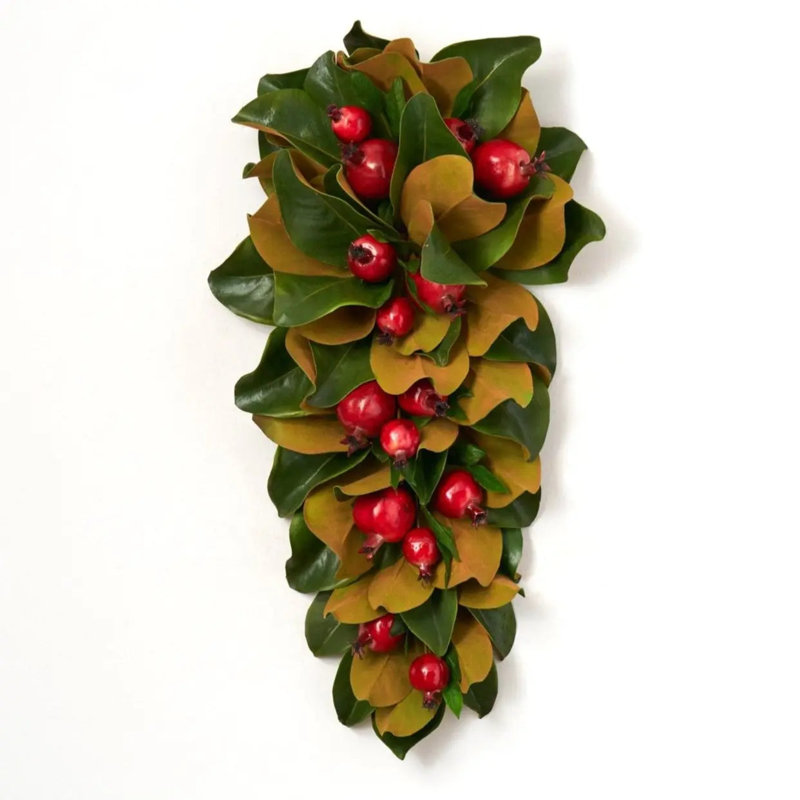 Real Touch Magnolia Leaf & Red Pomegranate Hanging Front Door Christmas Swag Holiday Wall Decor