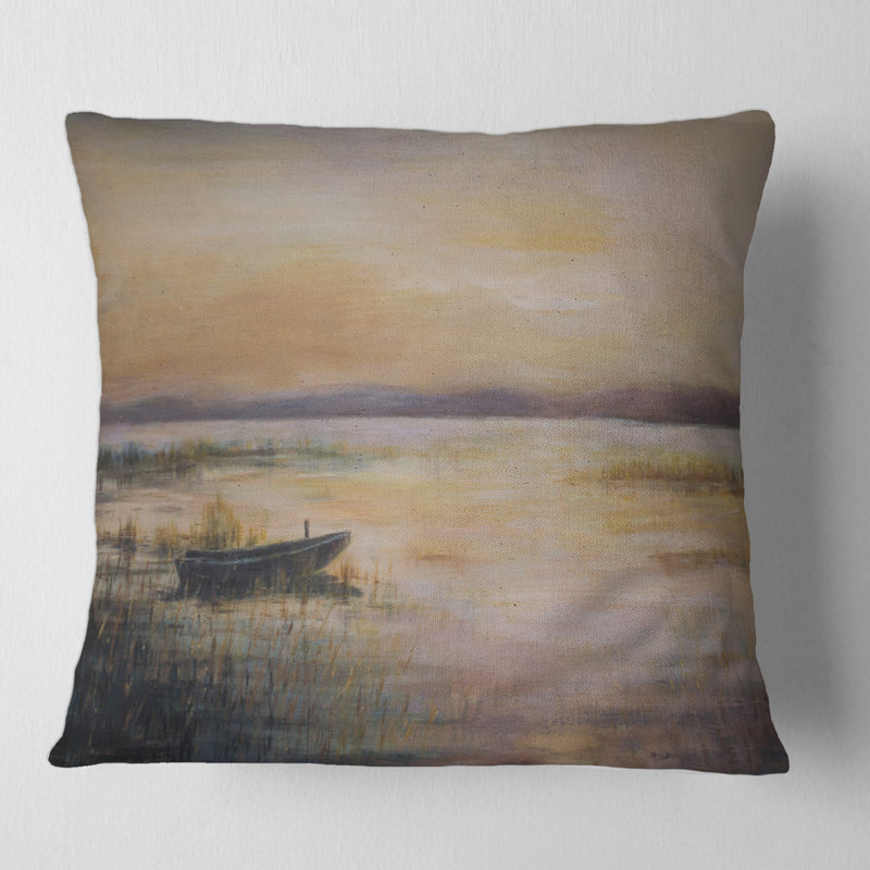 Coussin décoratif carré et pastel Sunset Over The Lake - Imprimé nautique et côtier, 18" x 18"