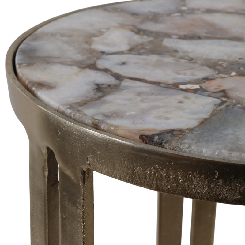 Metal Aluminum Accent Table with Stone Inspired Top 22" Champagne & White