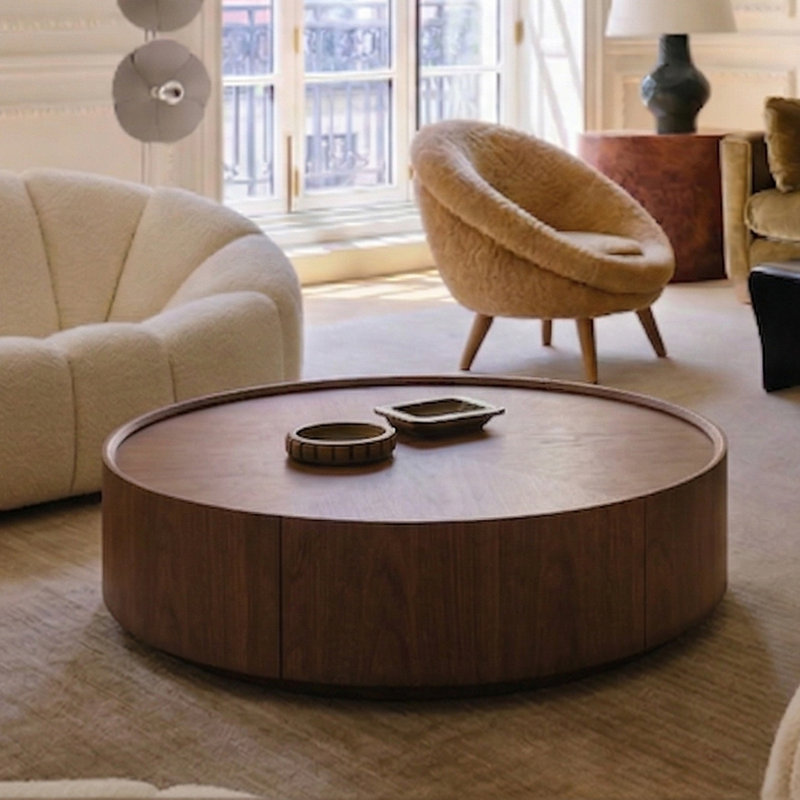 Table basse ronde ronde en noyer de 39,3 po avec tiroirs de rangement cachés, panneau central à profil bas en MDF moderne et base en métal (noyer)