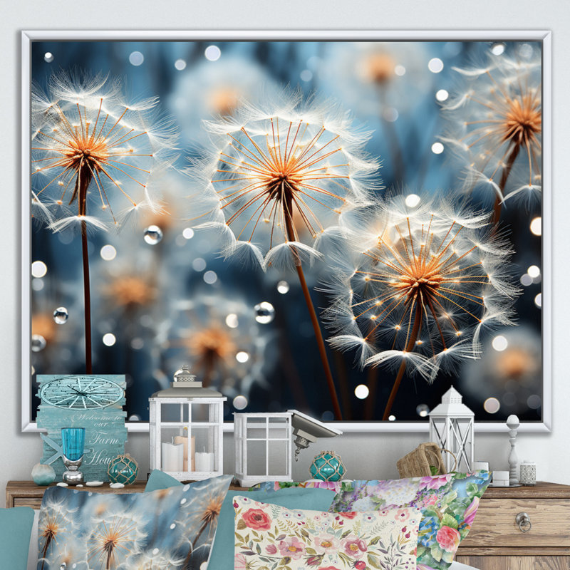 " White Teal Dandelion Symphony III ", 16" H x 32" W x 1" D, White Floater Framed