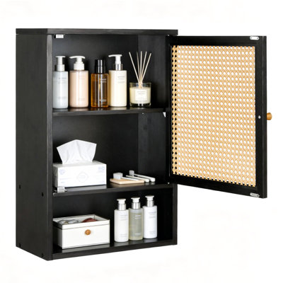 Space-Saving Bamboo Bathroom Wall Cabinet with Rattan Doors – Adjustable Shelf – Wall Mounted Medicine Cabinet – Over Toilet Storage Organizer – Black – Color: Black-for-Supply