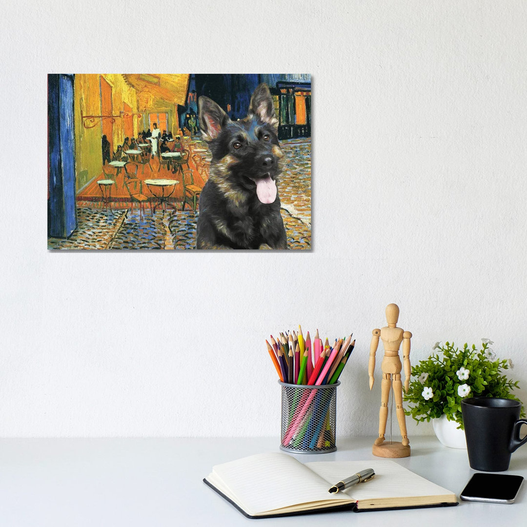 German Shepherd Cafe Terrace at Night - Wrapped Canvas Art Prints