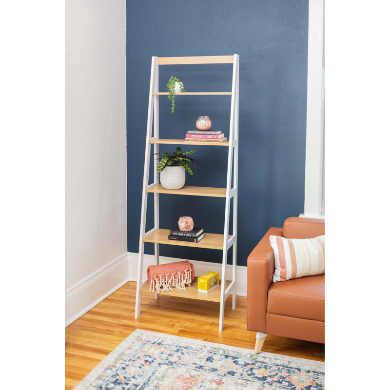 White Adjustable Five-Tier Wood Ladder Shelf