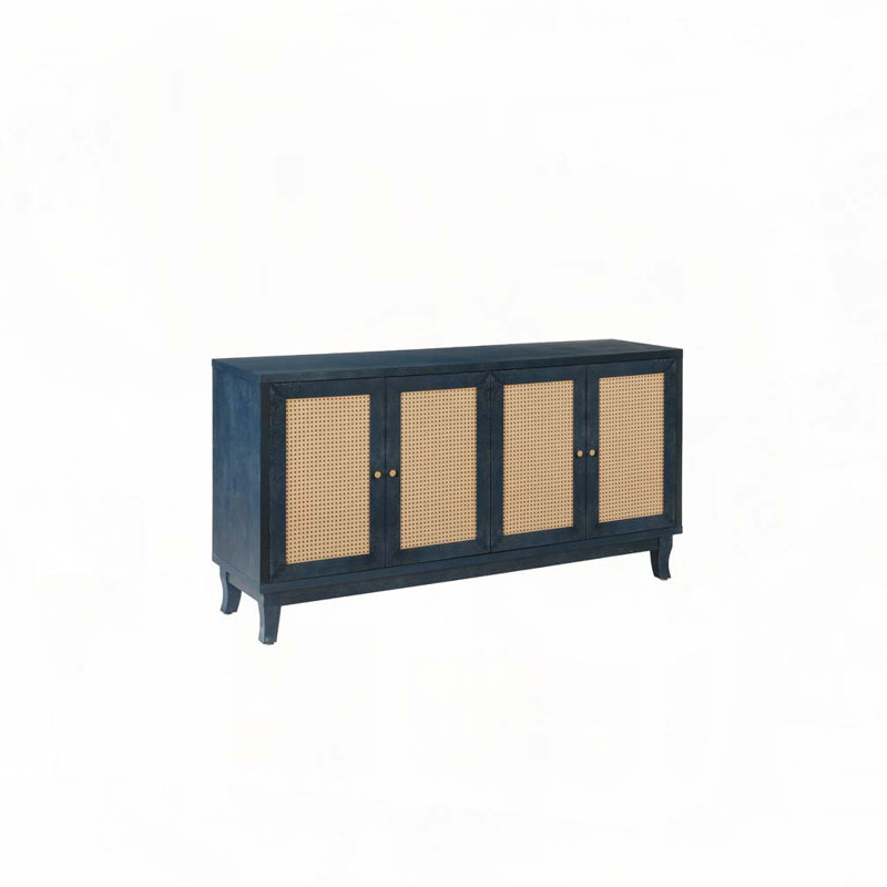 Buffet en rotin avec 4 portes en rotin, Bleu marine antique