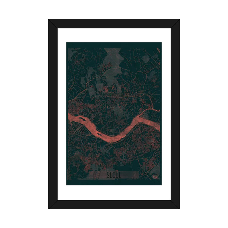 « séoul infrarouge urban blueprint map », impression sur toile, H 24 po x l 16 po x P 1 po, Papier d'art encadré noir, Blanc
