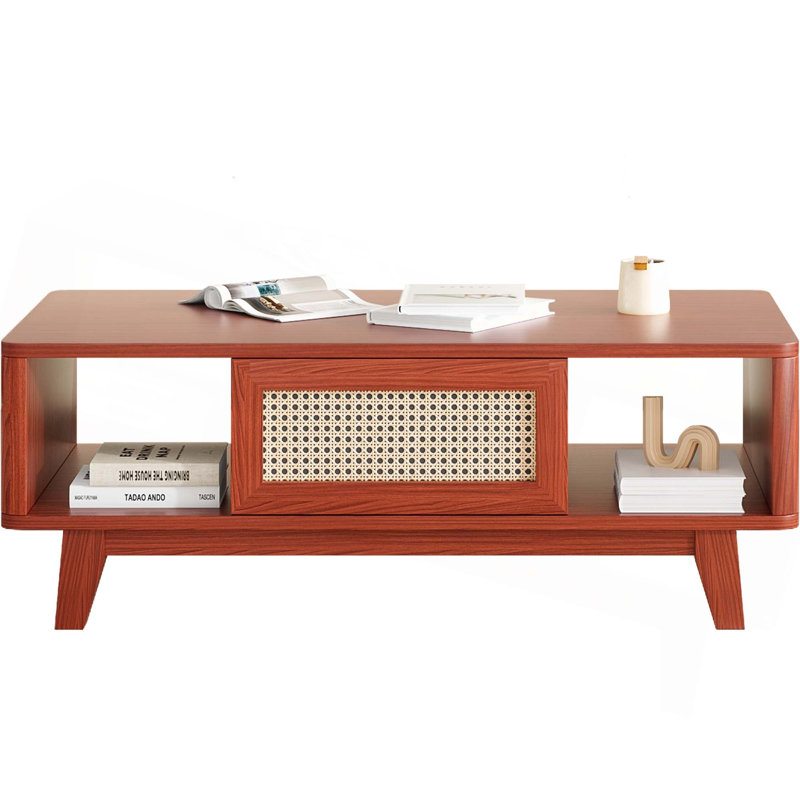 Table basse avec rangement et tiroir en rotin, pieds en bois massif, Cerisier