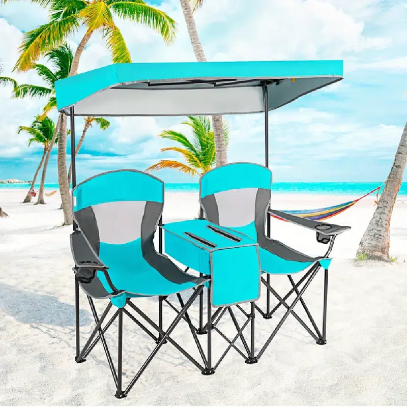 Chaises de camping pliables pour 2 personnes | Chaises doubles à double parasol avec auvent turquoise