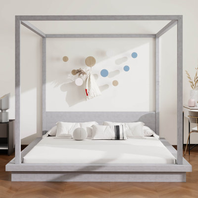 Cadre de lit à baldaquin avec tête de lit, lit plateforme en bois avec 4 affiches, lit à baldaquin moderne