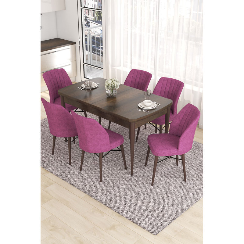 Ensemble de table et chaises de salle à manger extensible (7 pièces), baroque et mauve, 51,2 po x 30,7 po x 31,5 po | 100% panneau de fibres à densité moyenne avec pieds en bois et structure en métal | Confortable 28 sièges en mousse, parfaits pour les salles à manger modernes
