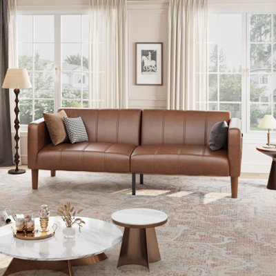 75-inch Multifunctional Sofa Bed, Convertible Sleeper, Faux Leather Loveseat, Mid-Century Modern Style, Suitable for Living Room & Bedroom, Brown, Sturdy & Easy to Clean
