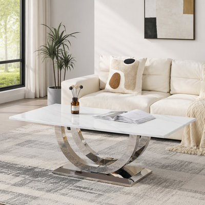 50.4 Inch Modern Rectangular Coffee Table,Marble Pattern Mdf Top ,Silver Stainless Steel Base.